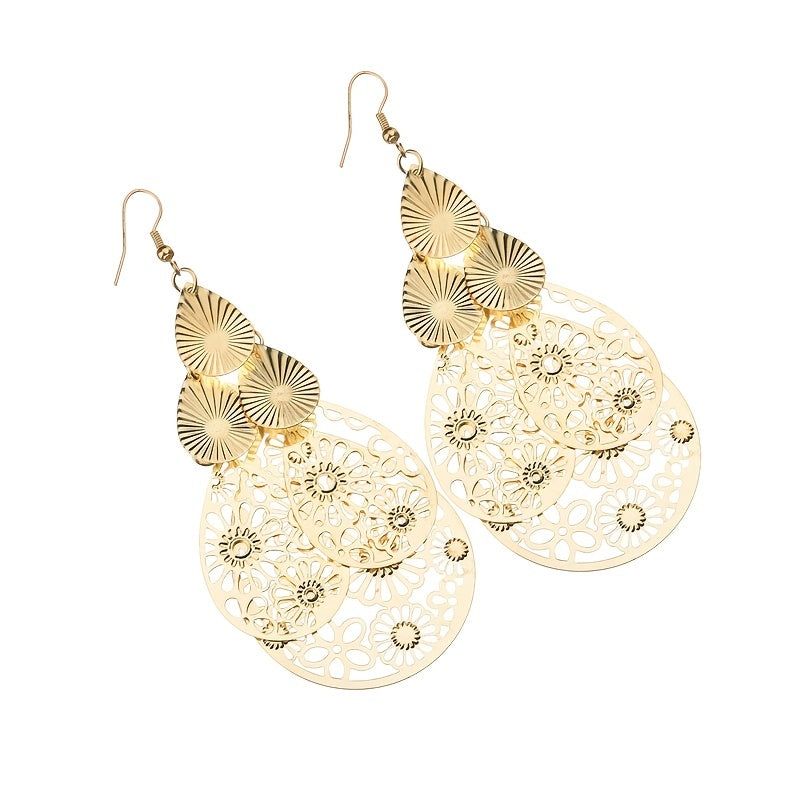 Elegant Vintage Hollow Waterdrop Earrings for Women - Multi-Layer Alloy Jewelry Gift Pair