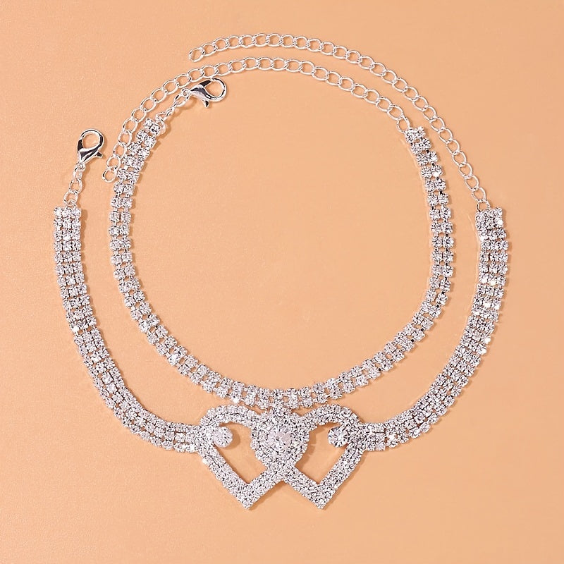 Trendy Double Heart Rhinestone Anklets Set for Elegant Party and Wedding Wear