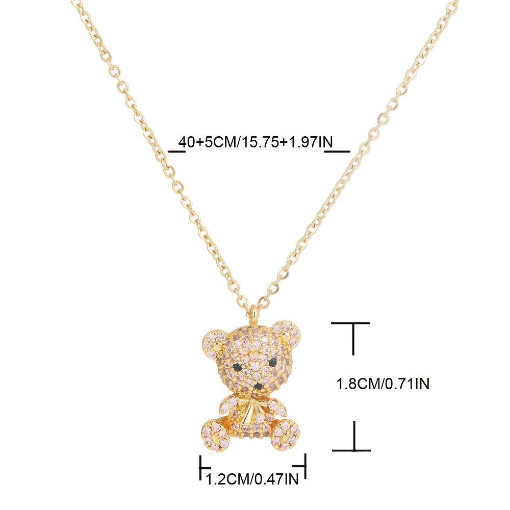 Vibrant Y2K Rhinestone Cartoon Bear Necklace for Women - Sparkling 24K Gold Plated Jewelry with Decorative Chain