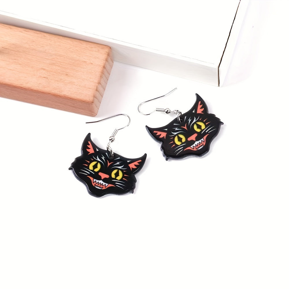 Black Cat Head Acrylic Dangle Earrings Unique Halloween Jewelry for Women
