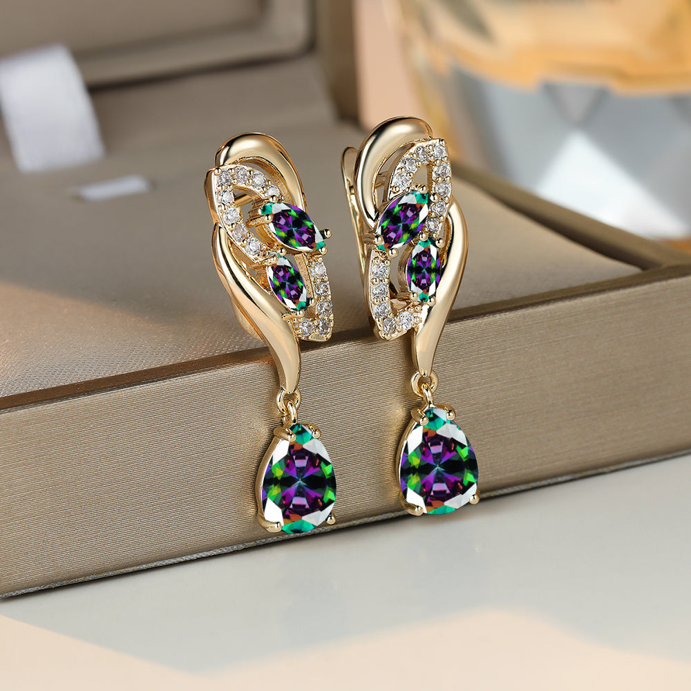 Angol Elegant Flower Dangle Earrings for Women with Golden-Tone Floral Design and Red Gemstones