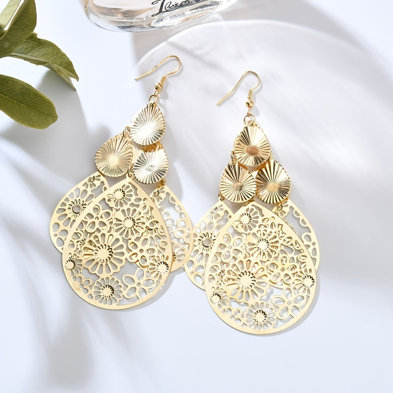 Elegant Vintage Hollow Waterdrop Earrings for Women - Multi-Layer Alloy Jewelry Gift Pair