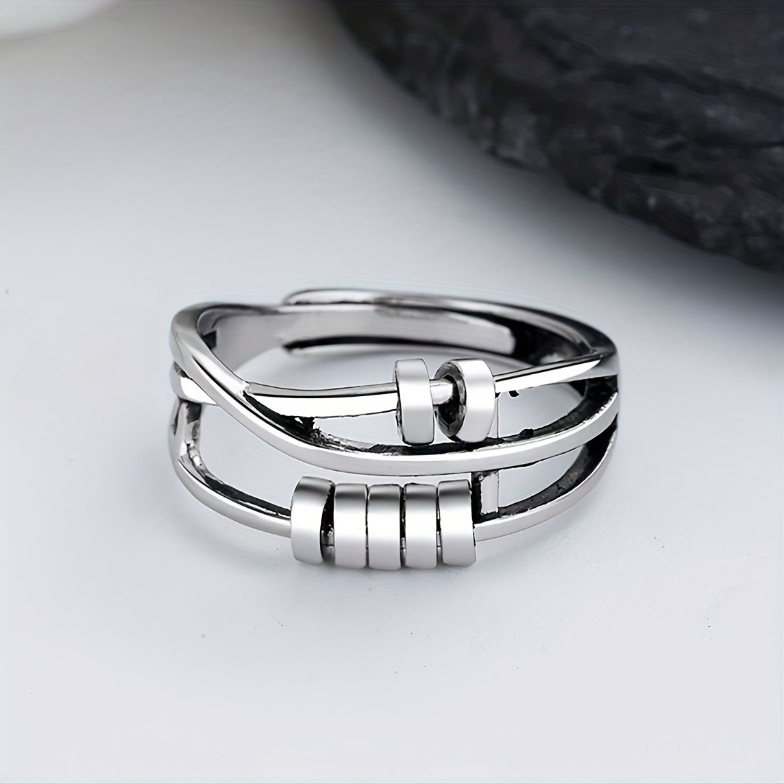 Dainty Rotatable Bead Fidget Ring Adjustable Platinum Plated Anti-Stress Jewelry
