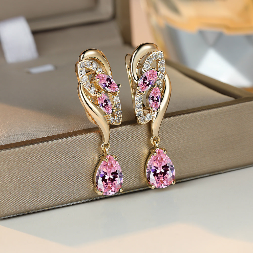 Angol Elegant Flower Dangle Earrings for Women with Golden-Tone Floral Design and Red Gemstones