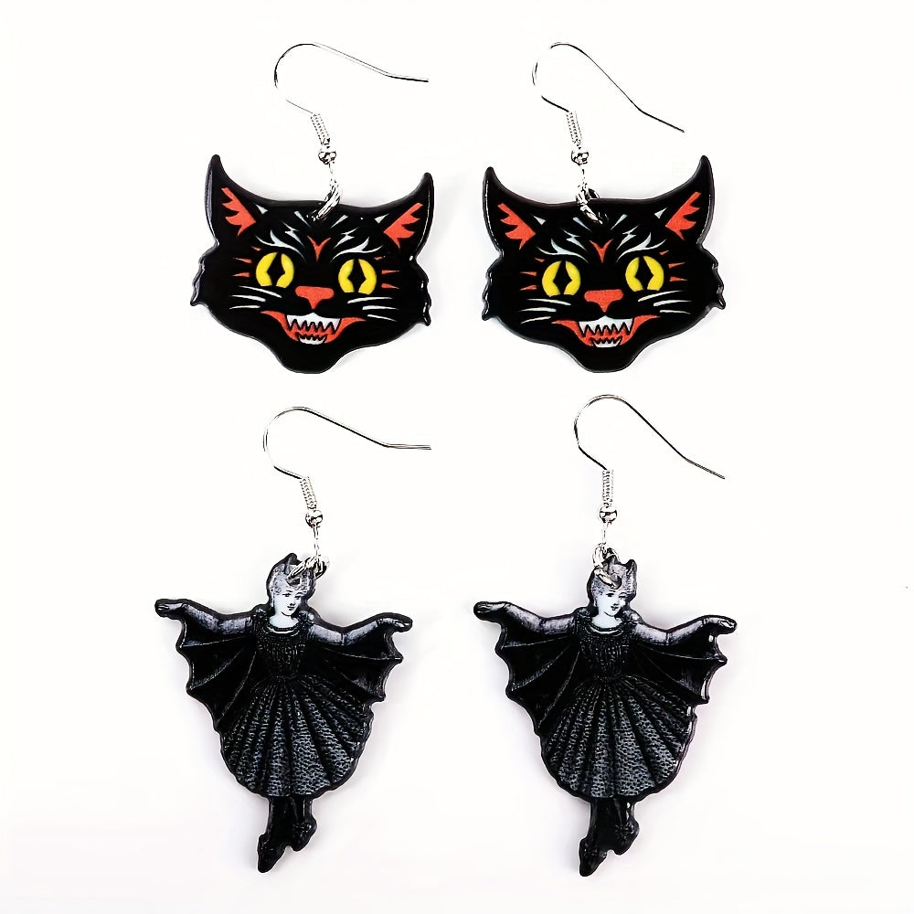 Black Cat Head Acrylic Dangle Earrings Unique Halloween Jewelry for Women
