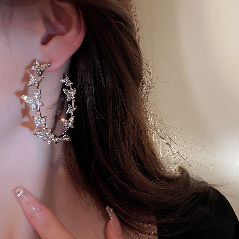 Sterling Silver Butterfly Hoop Earrings for Women - Elegant Statement Jewelry with Rhinestone Detail