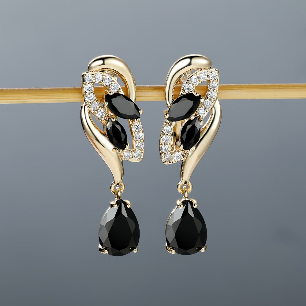 Angol Elegant Flower Dangle Earrings for Women with Golden-Tone Floral Design and Red Gemstones