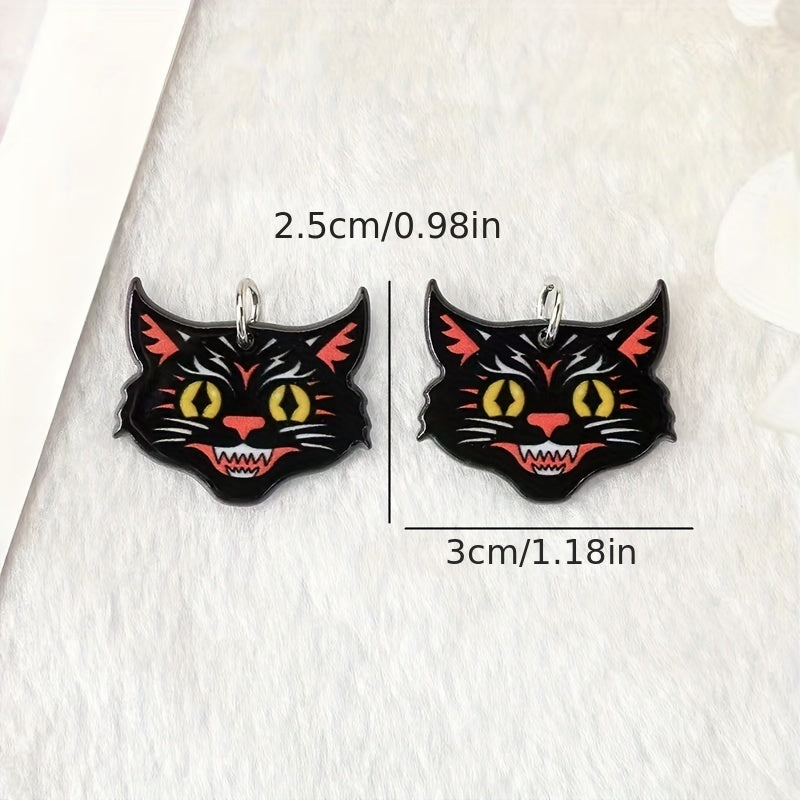Black Cat Head Acrylic Dangle Earrings Unique Halloween Jewelry for Women