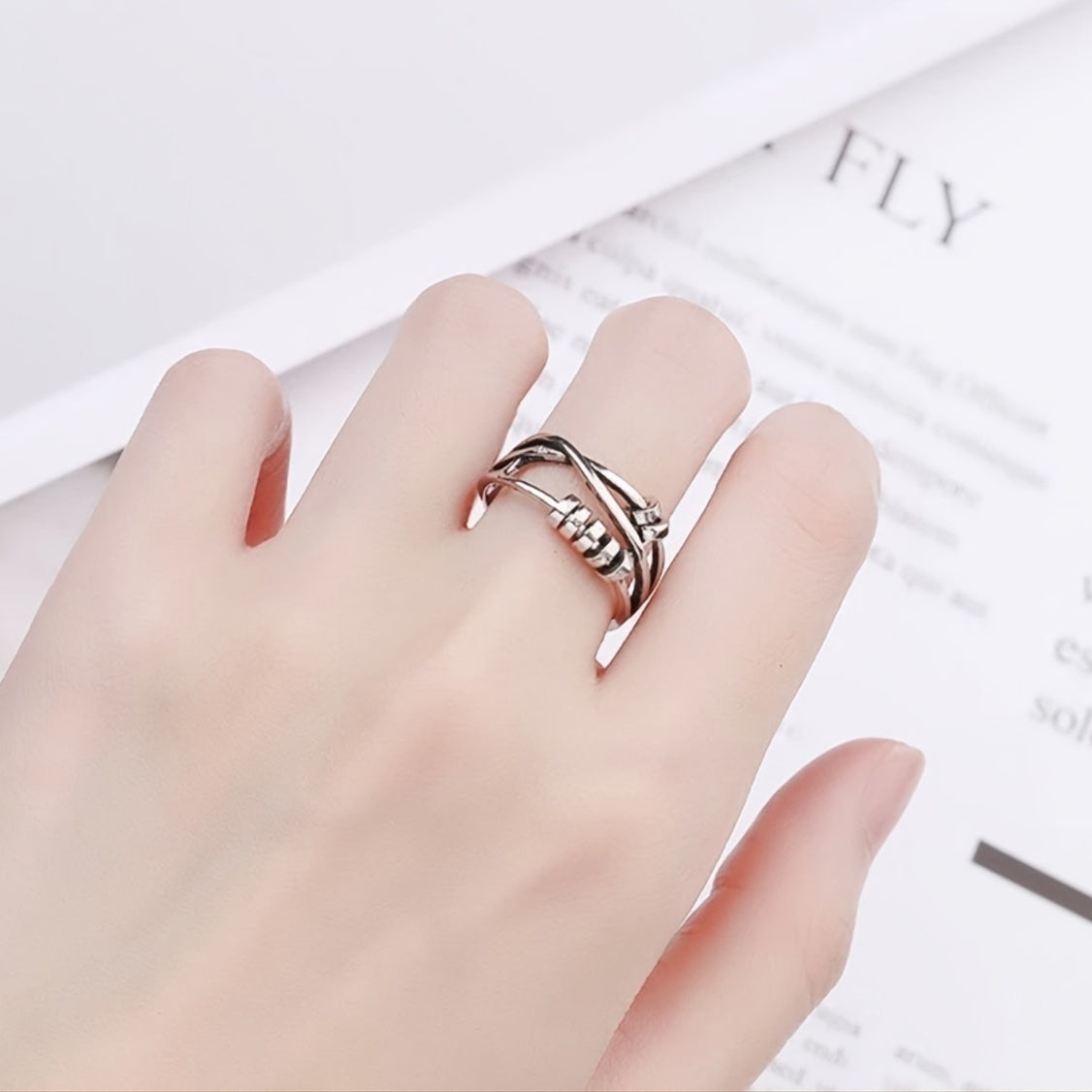 Dainty Rotatable Bead Fidget Ring Adjustable Platinum Plated Anti-Stress Jewelry