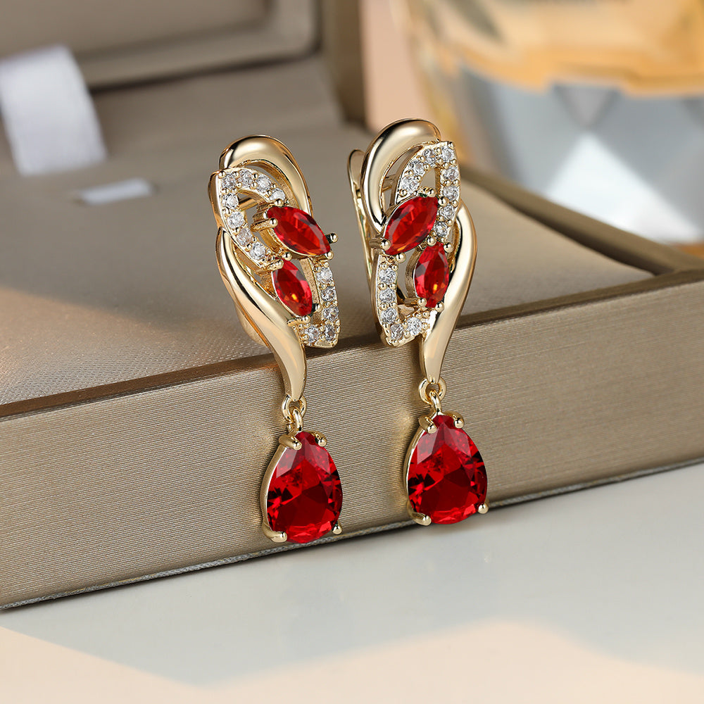 Angol Elegant Flower Dangle Earrings for Women with Golden-Tone Floral Design and Red Gemstones