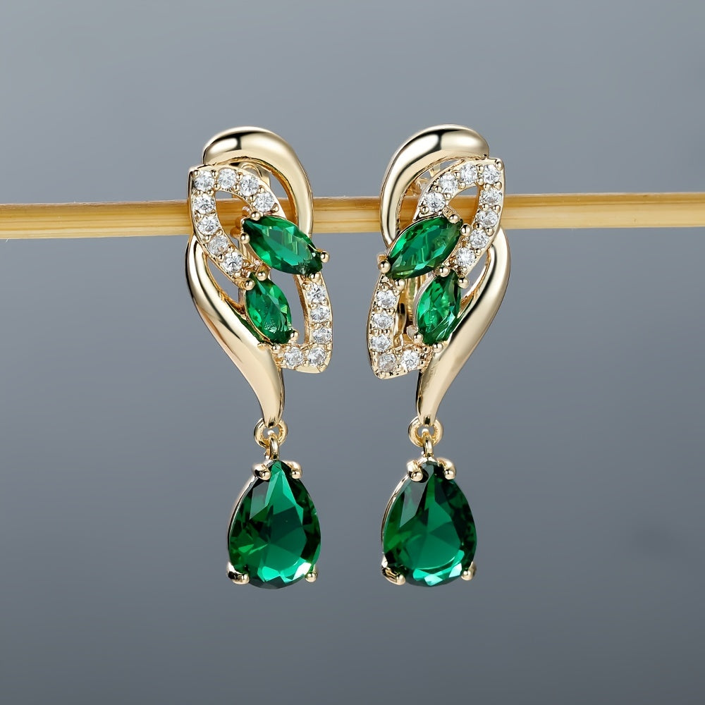 Angol Elegant Flower Dangle Earrings for Women with Golden-Tone Floral Design and Red Gemstones