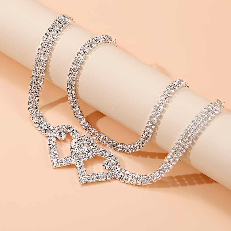Trendy Double Heart Rhinestone Anklets Set for Elegant Party and Wedding Wear