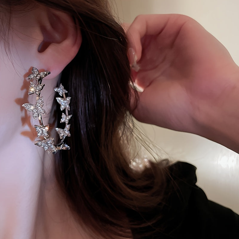 Sterling Silver Butterfly Hoop Earrings for Women - Elegant Statement Jewelry with Rhinestone Detail