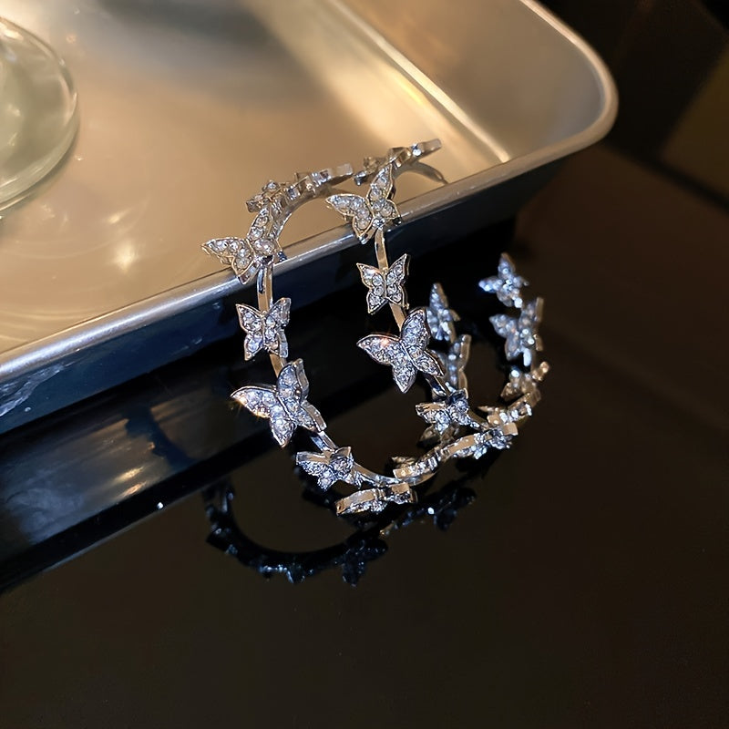 Sterling Silver Butterfly Hoop Earrings for Women - Elegant Statement Jewelry with Rhinestone Detail