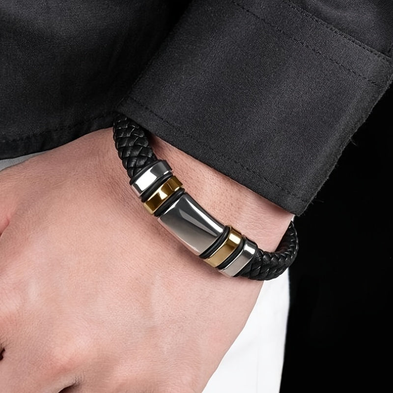 Men's Glossy PU Leather Bracelet with Magnetic Clasp - Cool Hip Hop Trend Jewelry