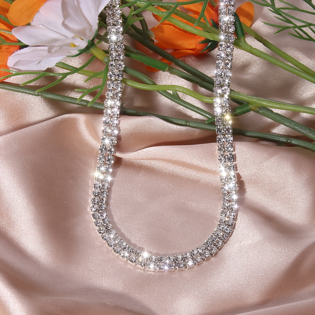 Women's Double Row Rhinestone Silver Plated Vintage Chain Necklace
