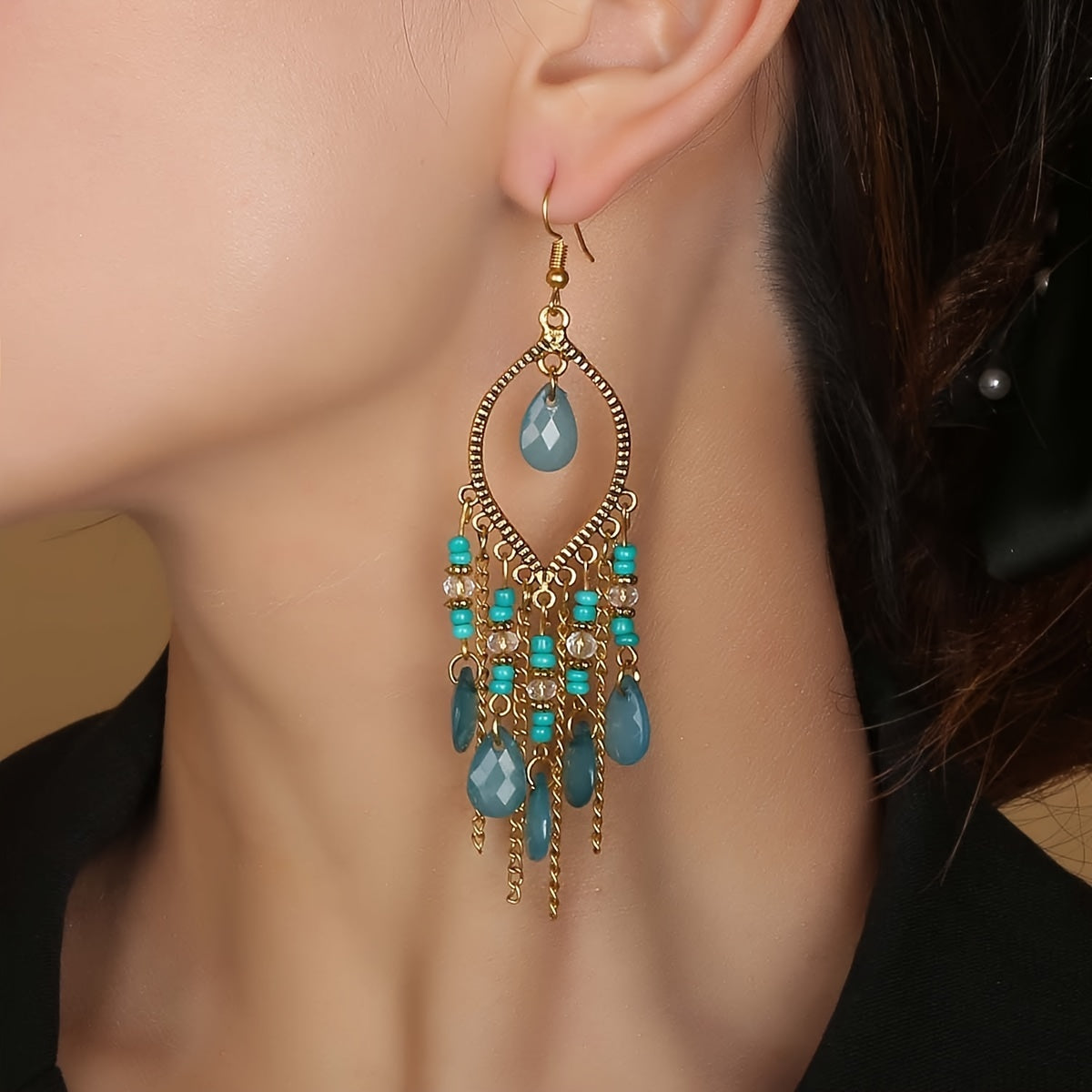 Hollow Teardrop Natural Stone Dangle Earrings for Women - Exquisite Boho Alloy Jewelry Gift