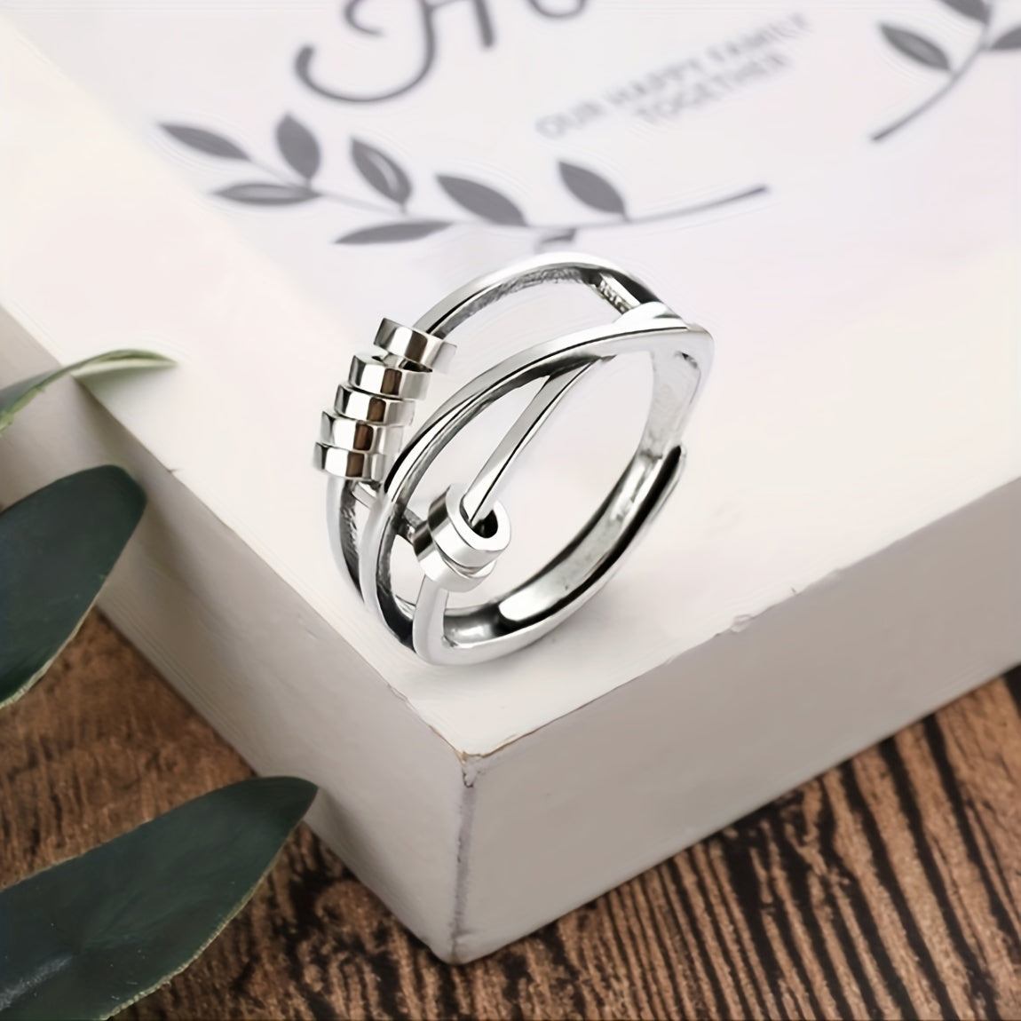 Dainty Rotatable Bead Fidget Ring Adjustable Platinum Plated Anti-Stress Jewelry