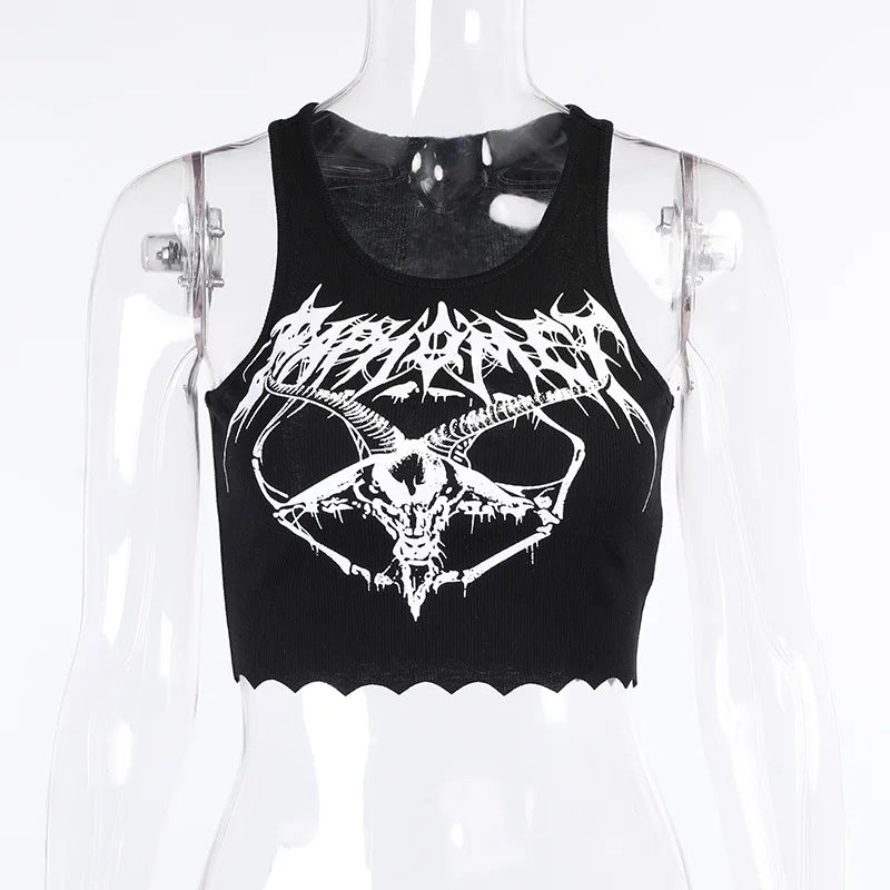 Gothic Punk Black Goat Print Crop Tank Top Harajuku