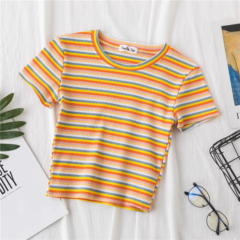Rainbow Stripe Slim Fit Women T Shirt Short Sleeve Harajuku