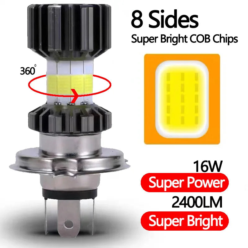 H4 H6 BA20D 8 Sides COB LED Motorcycle Headlight 6000K