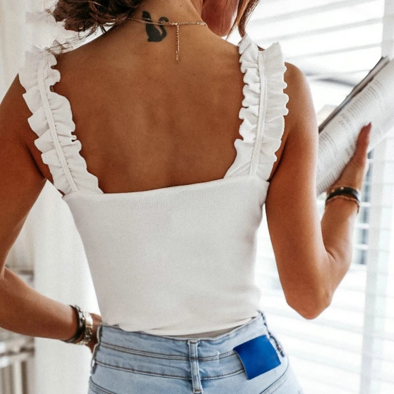 Women Knit Tank Top Square Collar Ribbed Ruffles Sleeveless