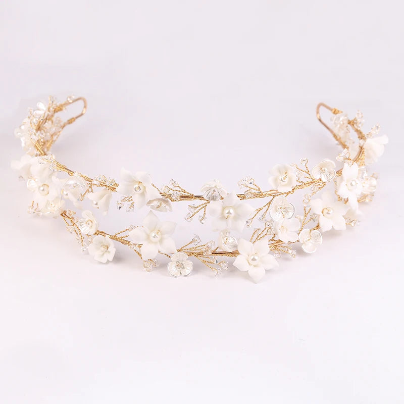 Elegant Crystal Wedding Headband Crown with Handmade Ceramic Flowers