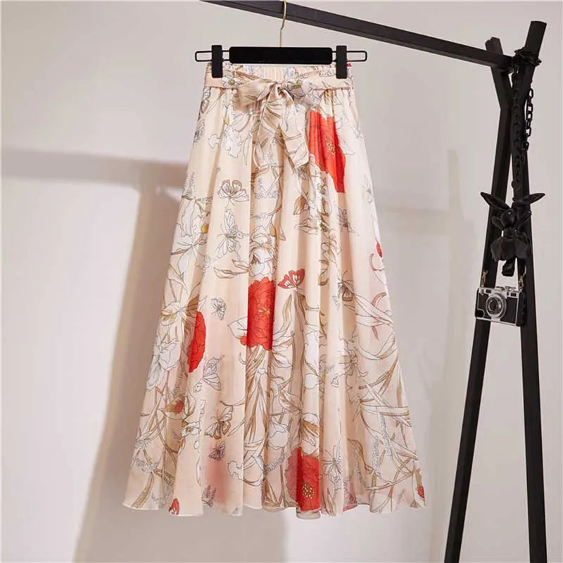 Chiffon Midi Skirt Women High Waist Korean Style White