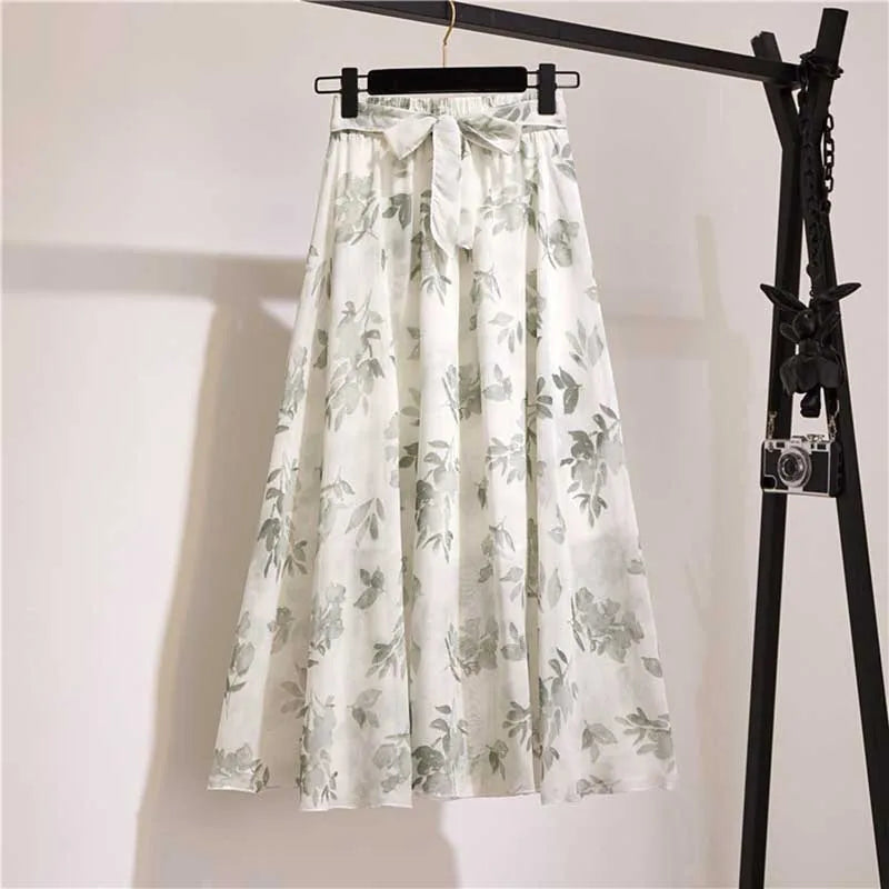 Chiffon Midi Skirt Women High Waist Korean Style White
