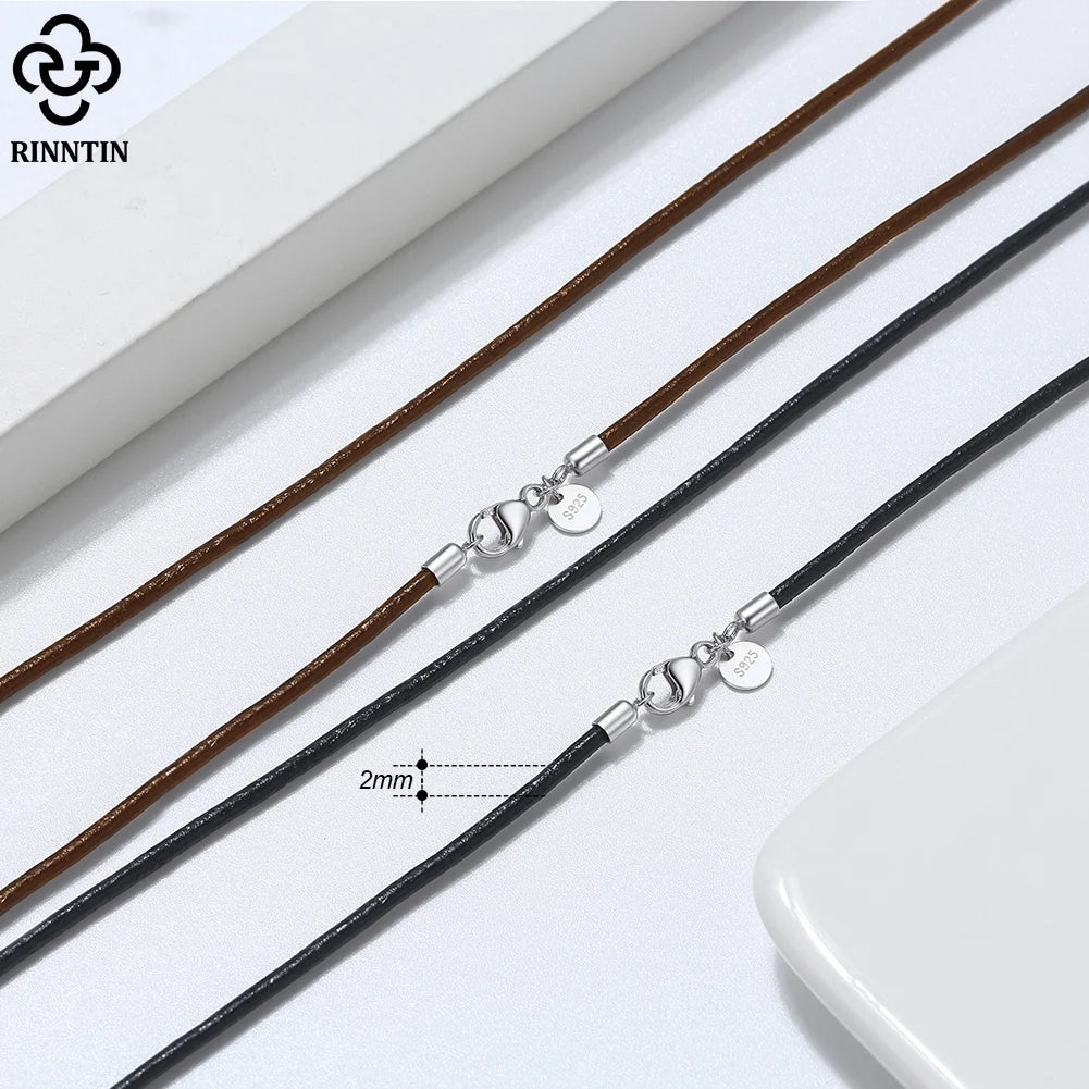 Rinntin 2mm Brown Leather Cord Necklace with 925 Sterling Silver Clasp Trendy Jewelry for Men and Women