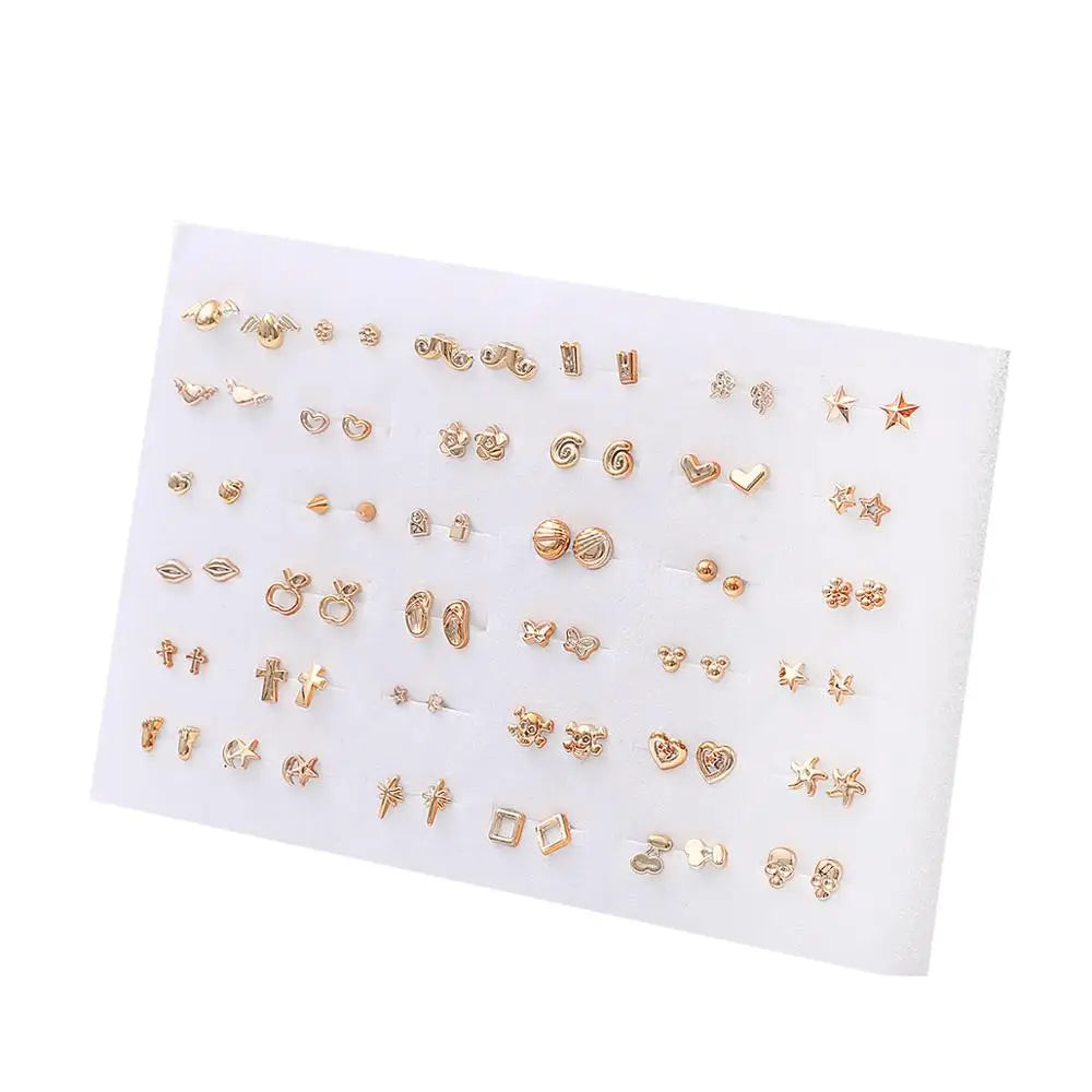 36 Pairs Women's Anti Allergic Stud Earrings Set with Random Styles Including Stars Bows Hearts and Flowers in Gold Color