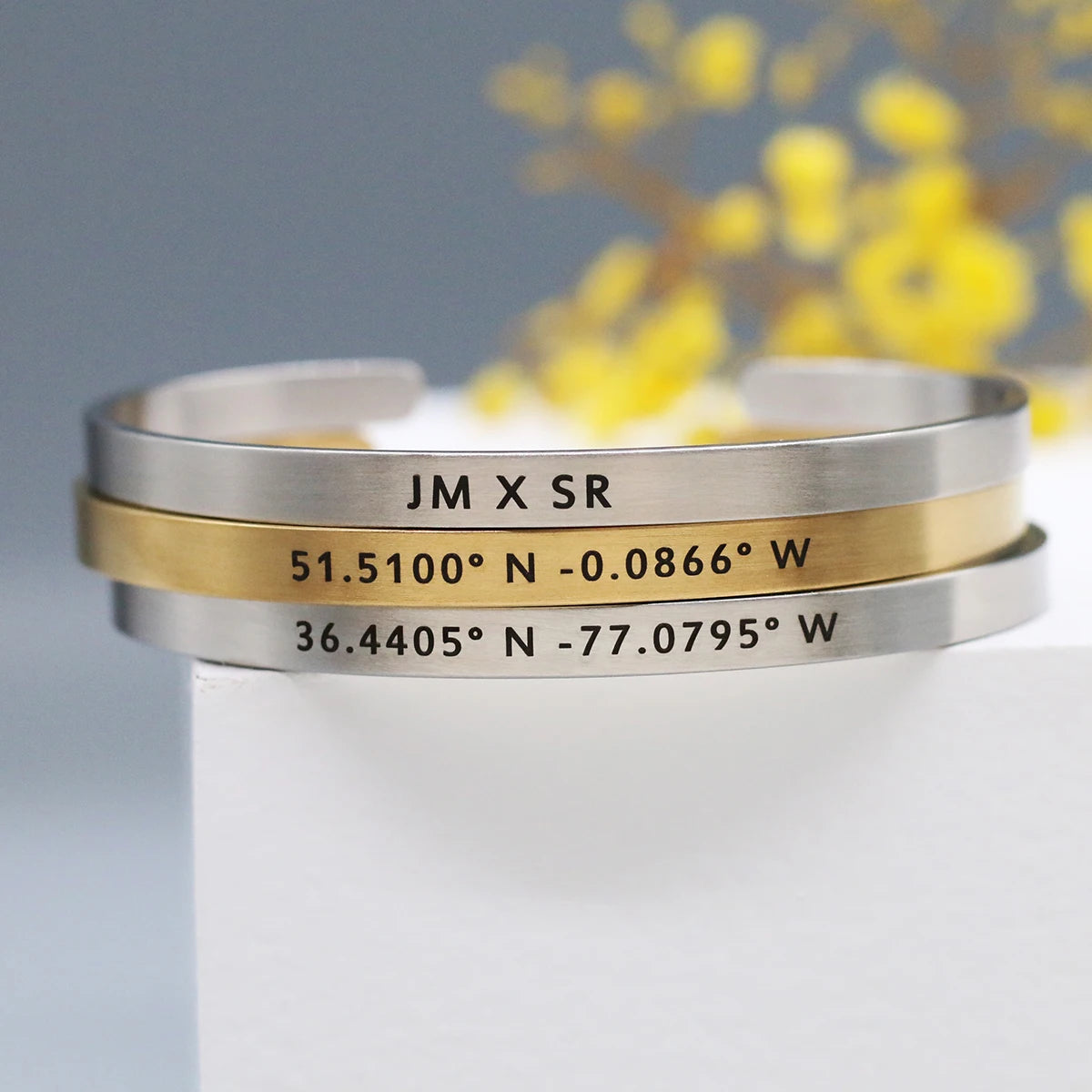 Custom Engraved Brushed Stainless Steel Cuff and Necklace Set for Couples
