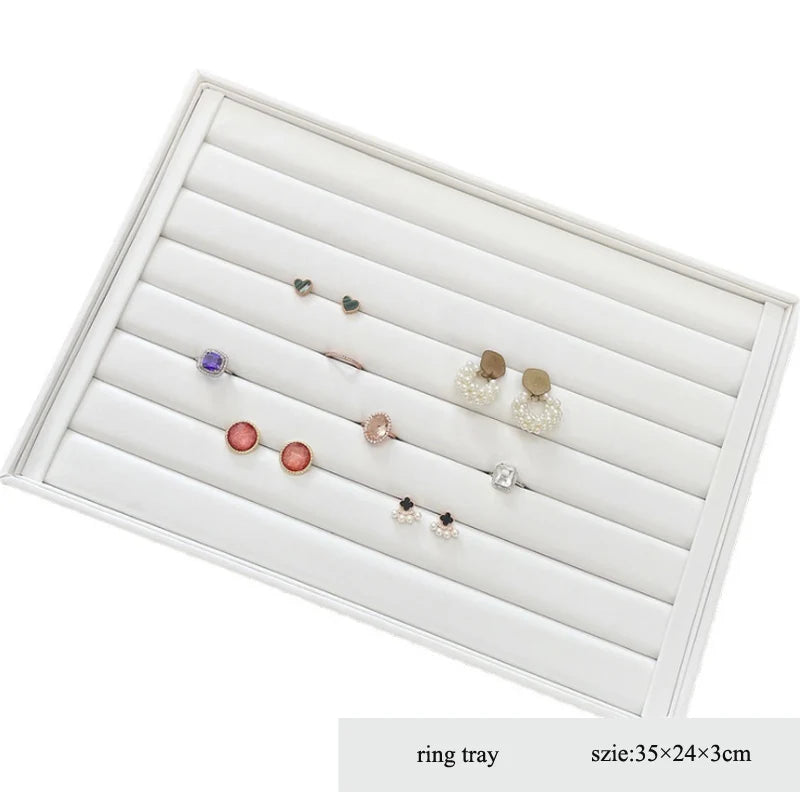 Elegant White PU Leather Jewelry Display Tray with Necklace and Ring Holder
