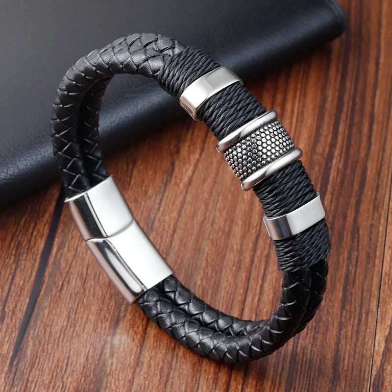 Men's Hand-Woven Leather Bracelet with Stainless Steel Charm