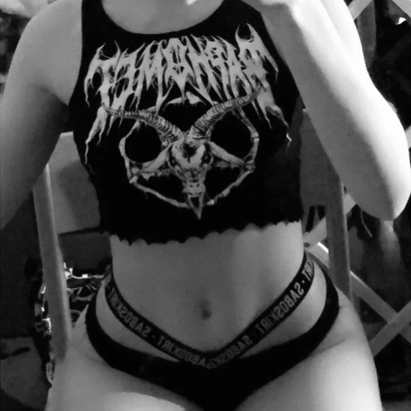 Gothic Punk Black Goat Print Crop Tank Top Harajuku