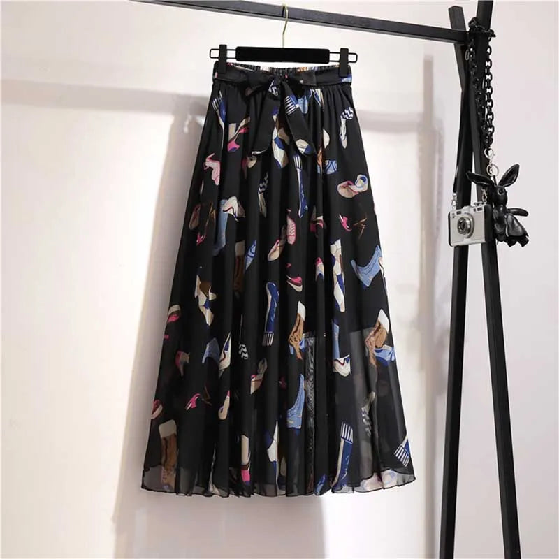 Chiffon Midi Skirt Women High Waist Korean Style White