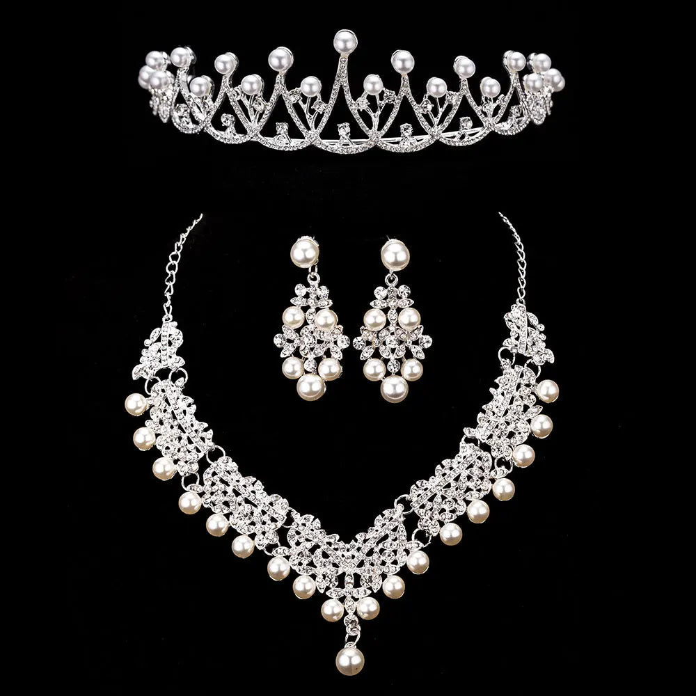 Bride's Crystal Pearl Jewelry Set - Stunning Rhinestone Choker, Earrings & Tiara for Your Dream Wedding H065 3PCS Pearl