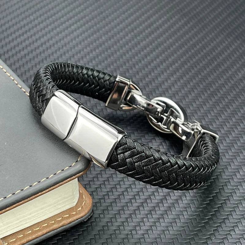 Men's Leather Braided Bracelet with Black Stainless Steel Beads - Stylish Punk Bangle for Men