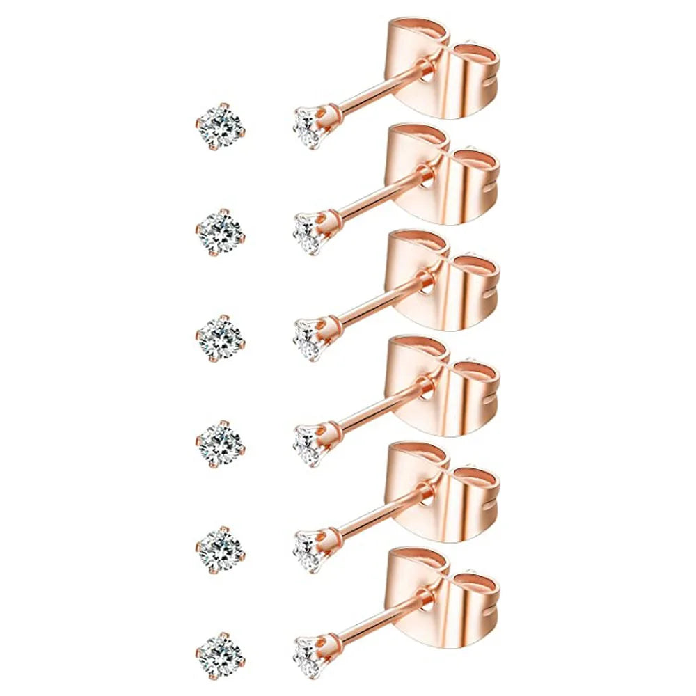 6 Pairs Tiny 2mm Stainless Steel Stud Earrings Set for Men and Women with CZ Round Ball Design