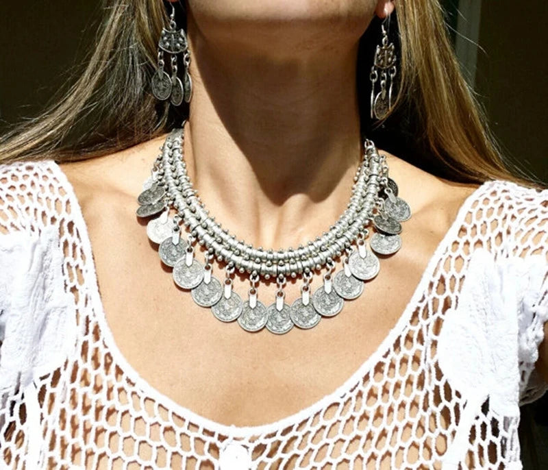 Indian Vintage Coin Tassel Choker Necklace for Women Ethnic Boho Jewelry Gift
