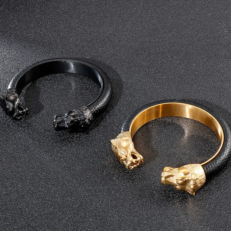Gold Lion Head Stainless Steel Open Bangle Bracelet for Men with Adjustable Leather Strap