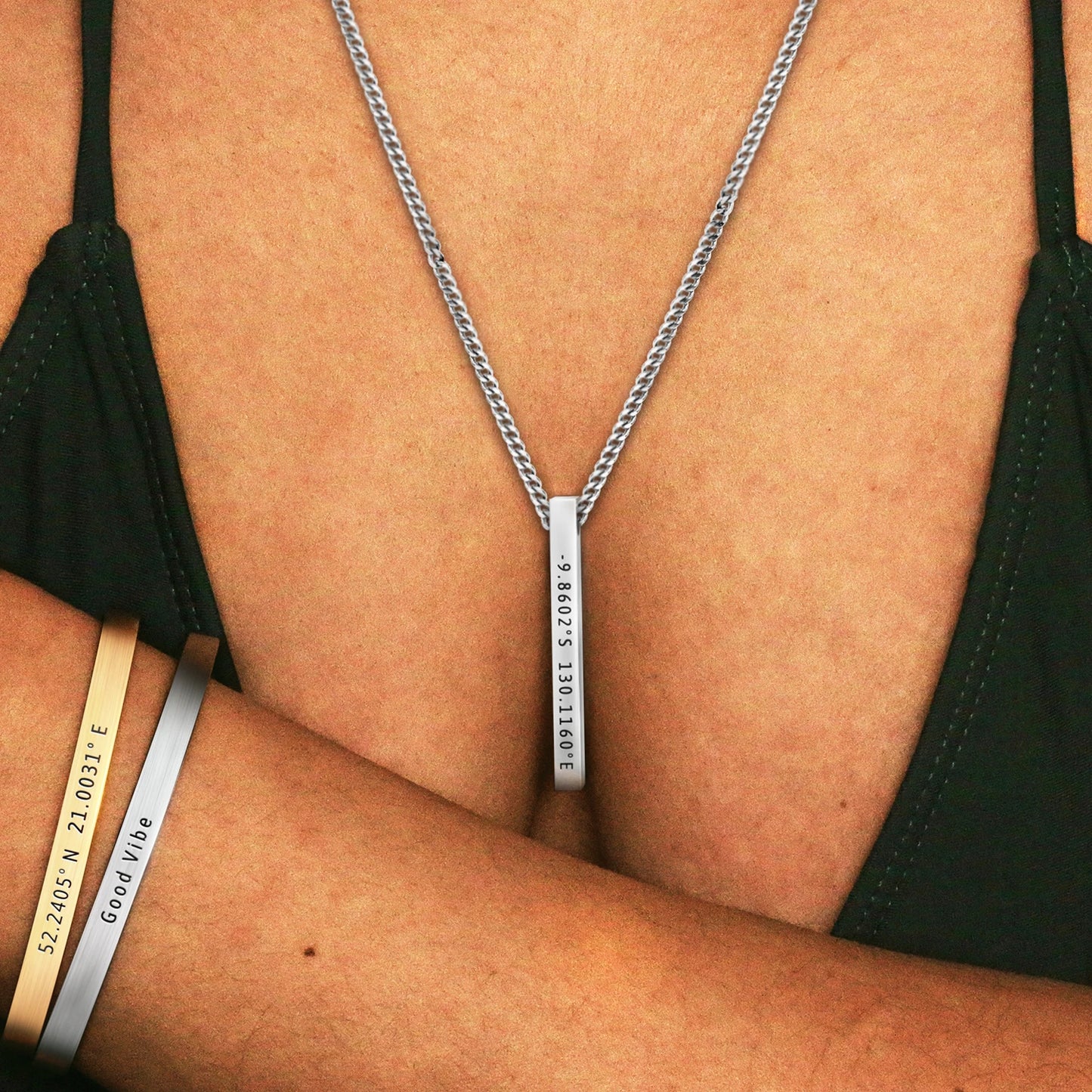 Custom Engraved Brushed Stainless Steel Cuff and Necklace Set for Couples