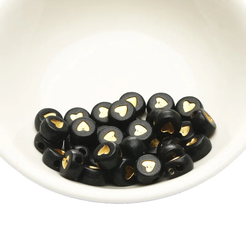 Chic Black Acrylic Beads with Gold Heart Design for Jewelry Crafting