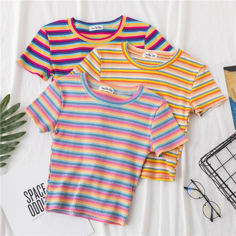 Rainbow Stripe Slim Fit Women T Shirt Short Sleeve Harajuku