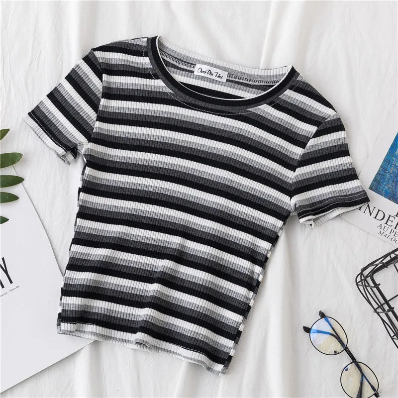 Rainbow Stripe Slim Fit Women T Shirt Short Sleeve Harajuku