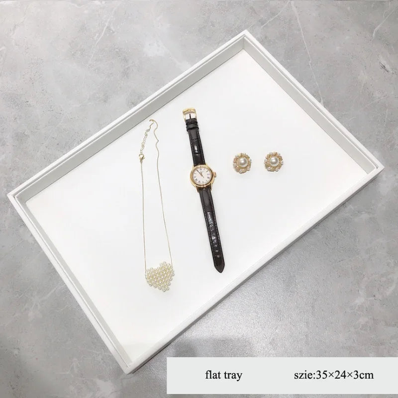 Elegant White PU Leather Jewelry Display Tray with Necklace and Ring Holder