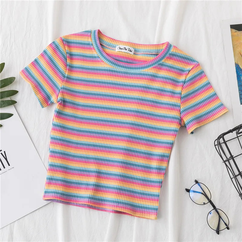 Rainbow Stripe Slim Fit Women T Shirt Short Sleeve Harajuku