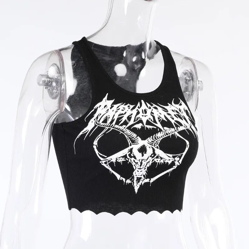 Gothic Punk Black Goat Print Crop Tank Top Harajuku