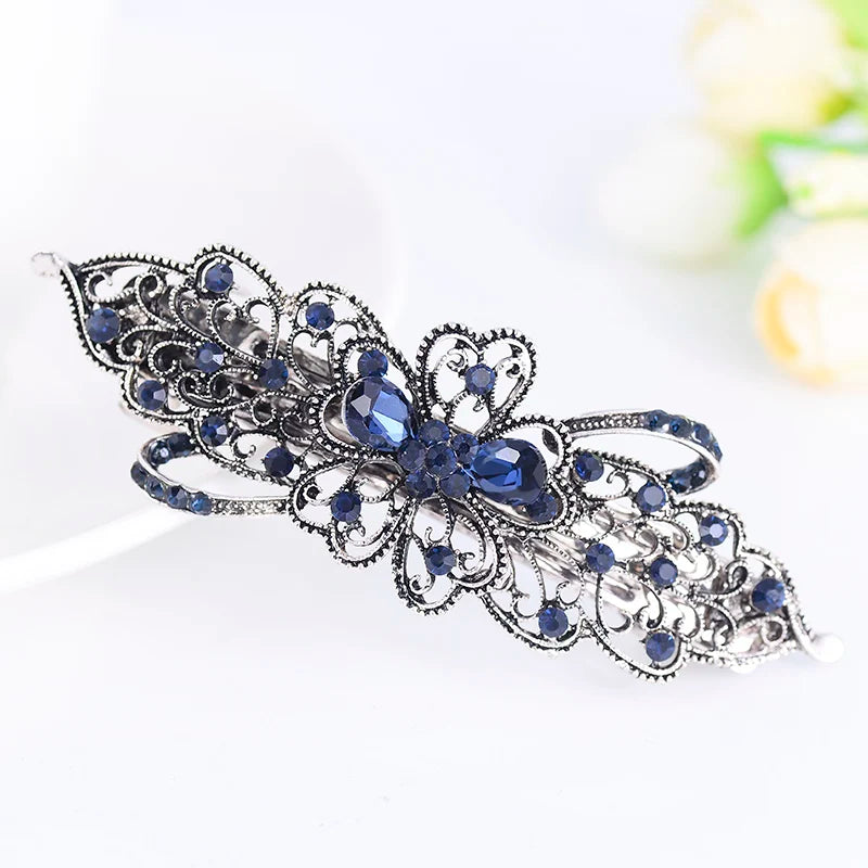 Elegant Blue Rhinestone Flower Hair Clips for Women - Crystal Fashion Barrettes by EASYA