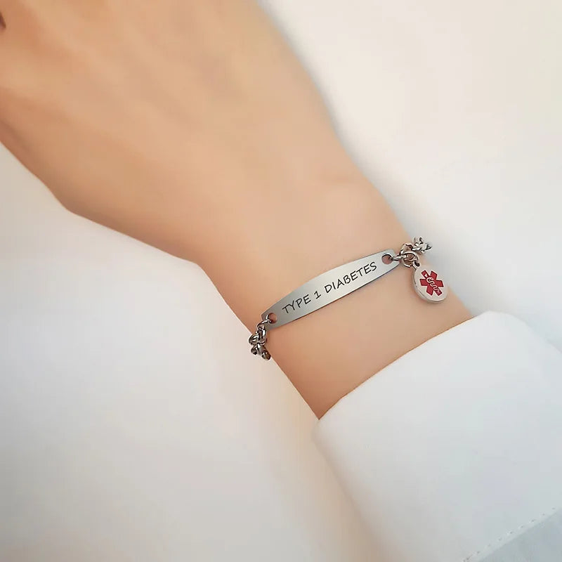 Elegant Customizable Enamel Medical ID Bangle Bracelet for Women with Stainless Steel Rolo Chain